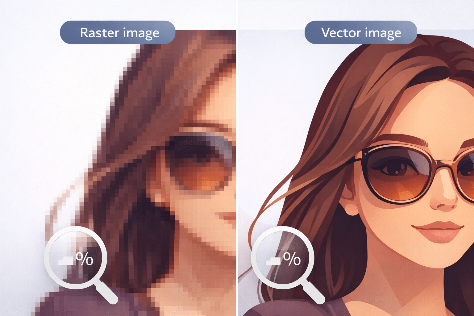 Raster image pixelates on zoom while vector remains sharp at any size.