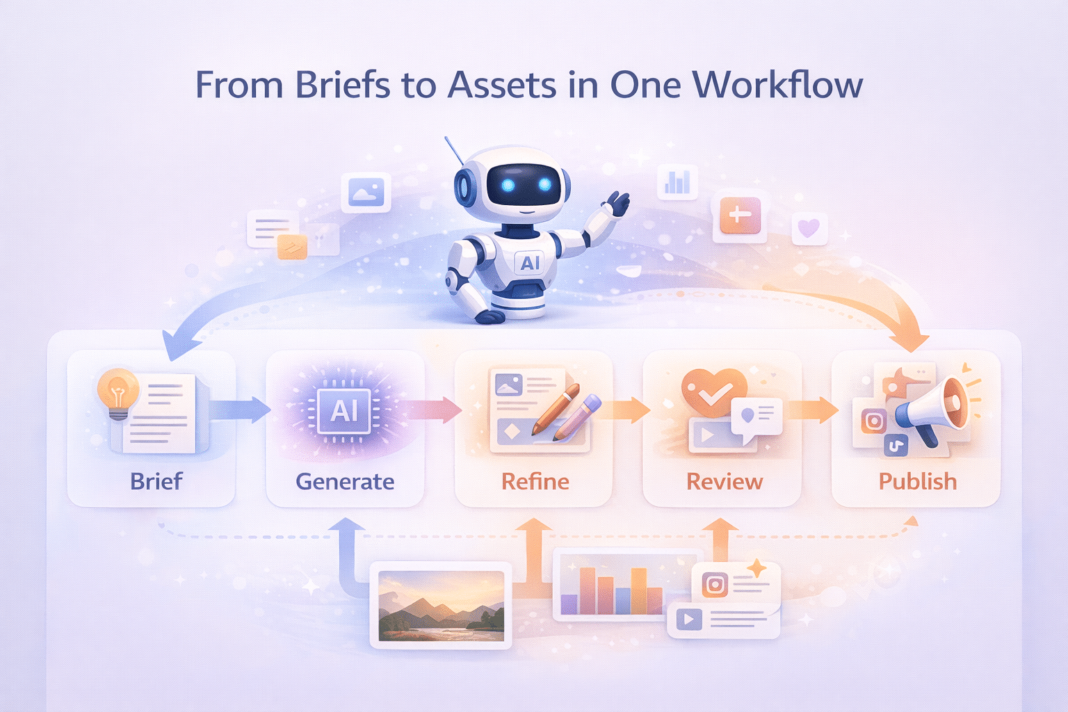 End-to-end AI marketing workflow from brief to published assets.