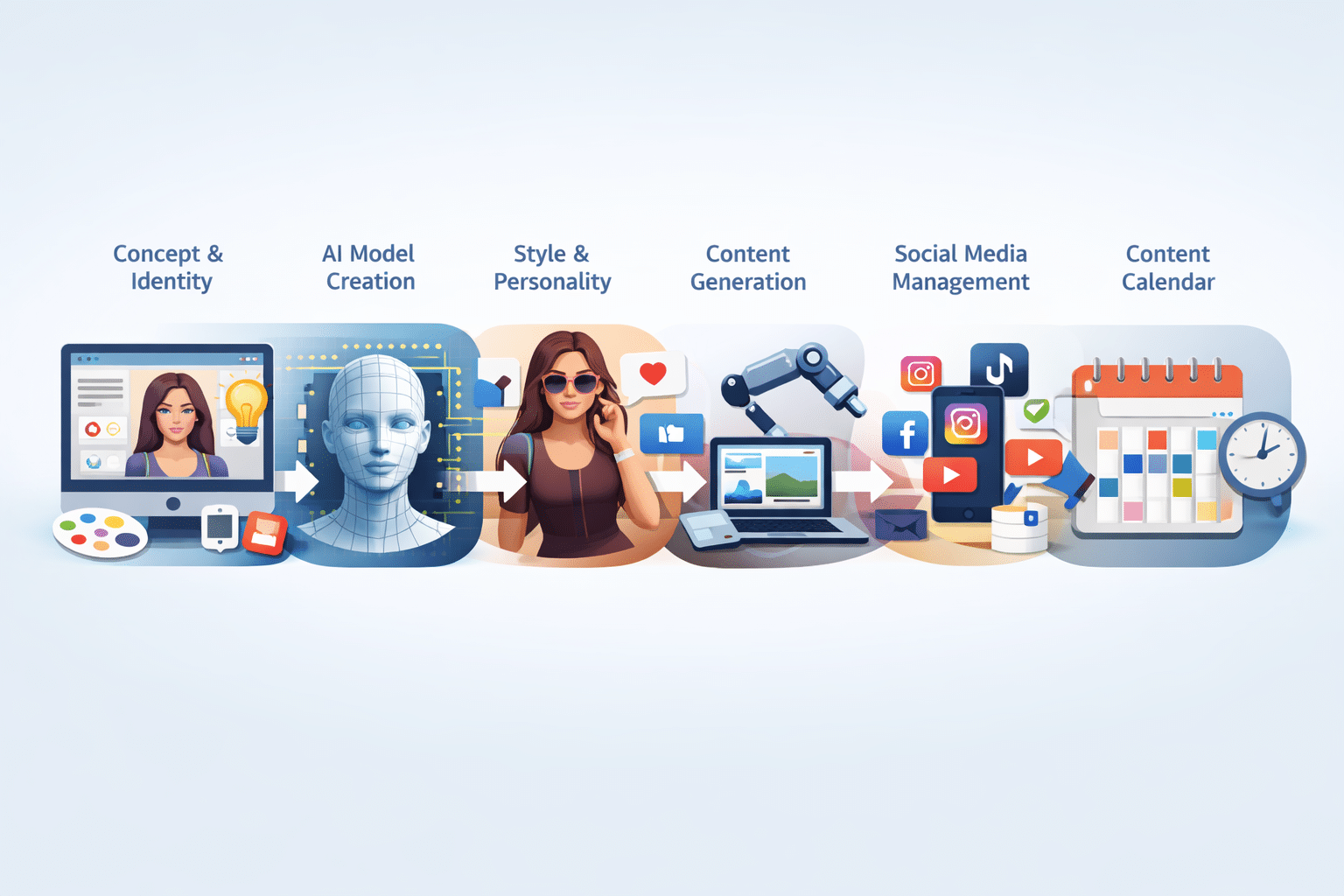 AI influencer workflow from concept to content calendar.