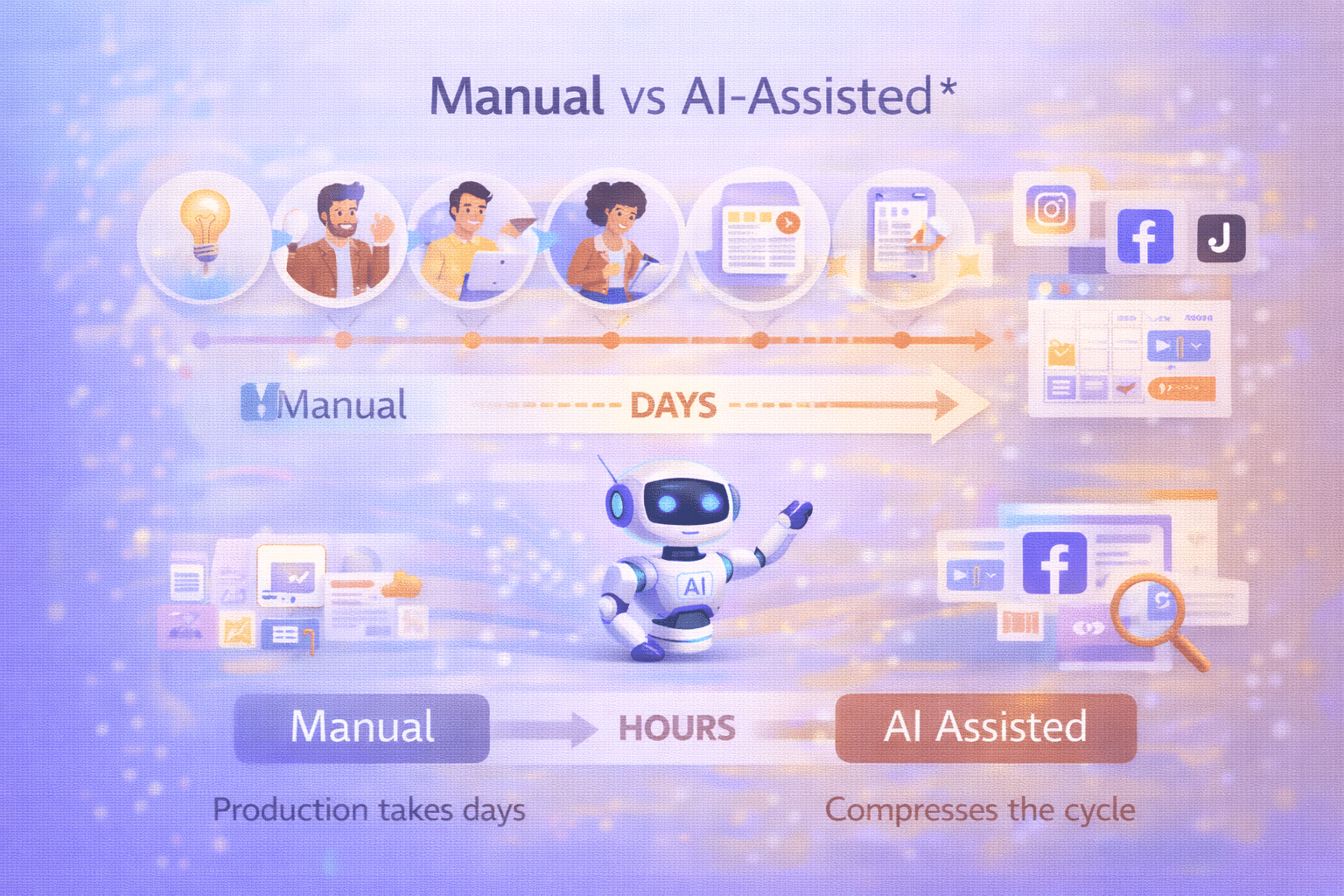 Manual production takes days; AI-assisted content creation compresses the cycle.