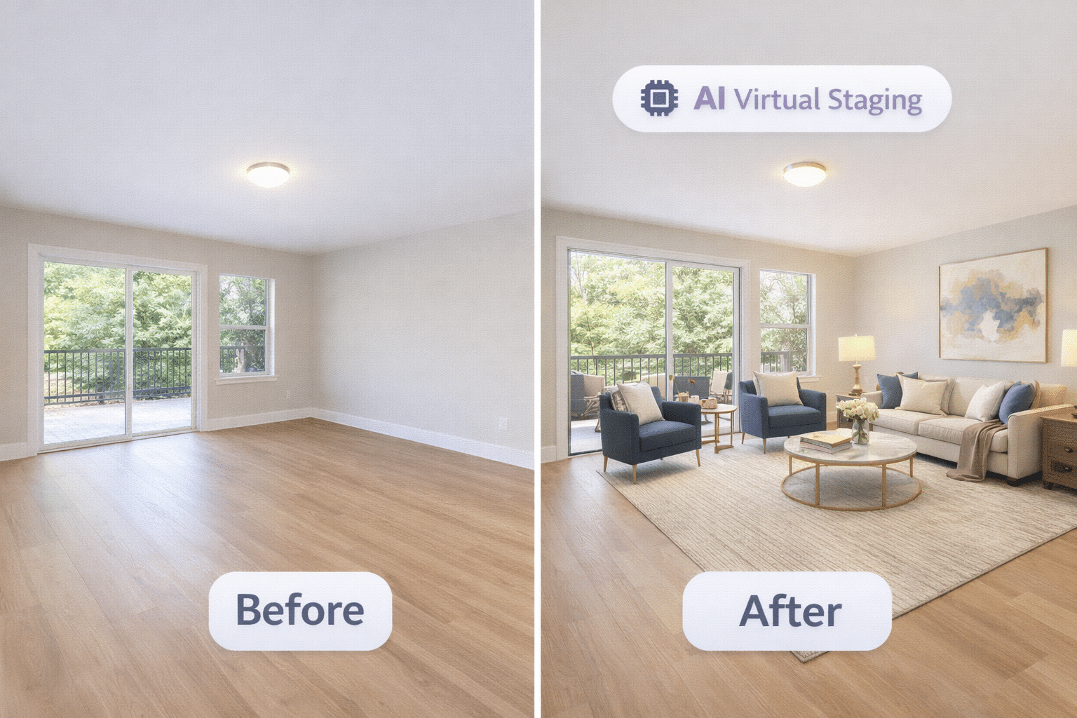 AI virtual staging transforms an empty room into a furnished space.