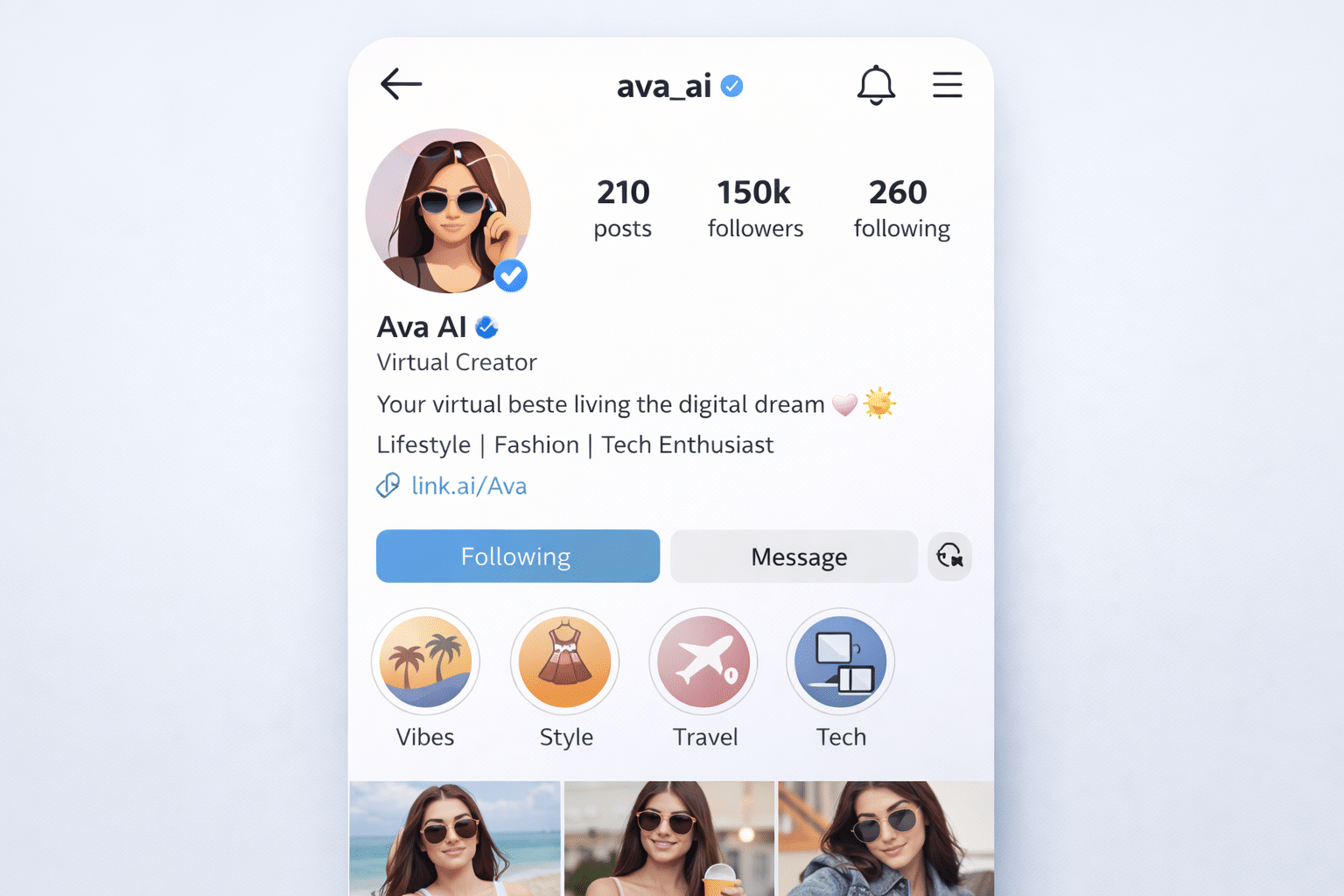 AI influencer Instagram bio showing virtual creator disclosure.