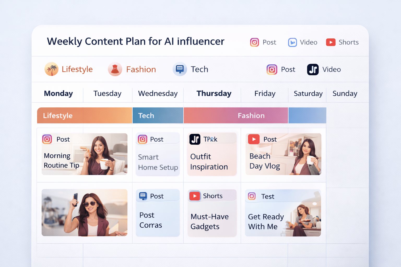 Example AI influencer prompt template with identity anchors and scene variables.