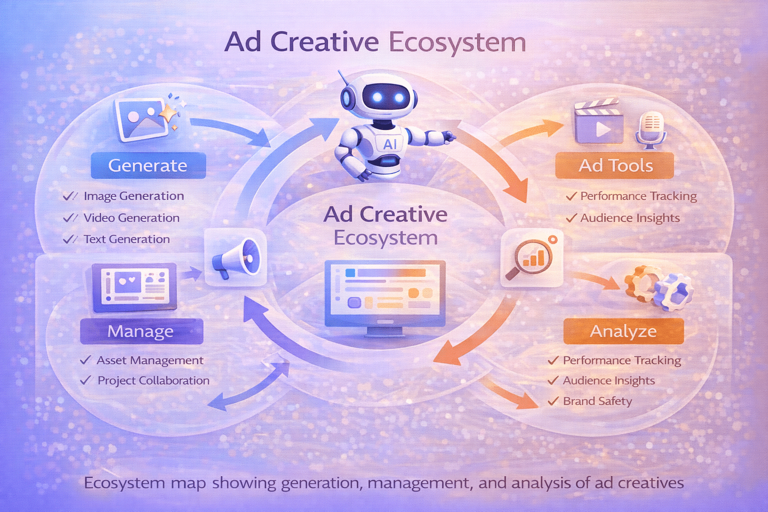 Ecosystem map showing generation, management, and analysis of ad creatives.